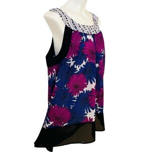 Apostrophe Sleeveless Floral Sheer Hem Tunic Top | Fuchsia Navy Black |  18W